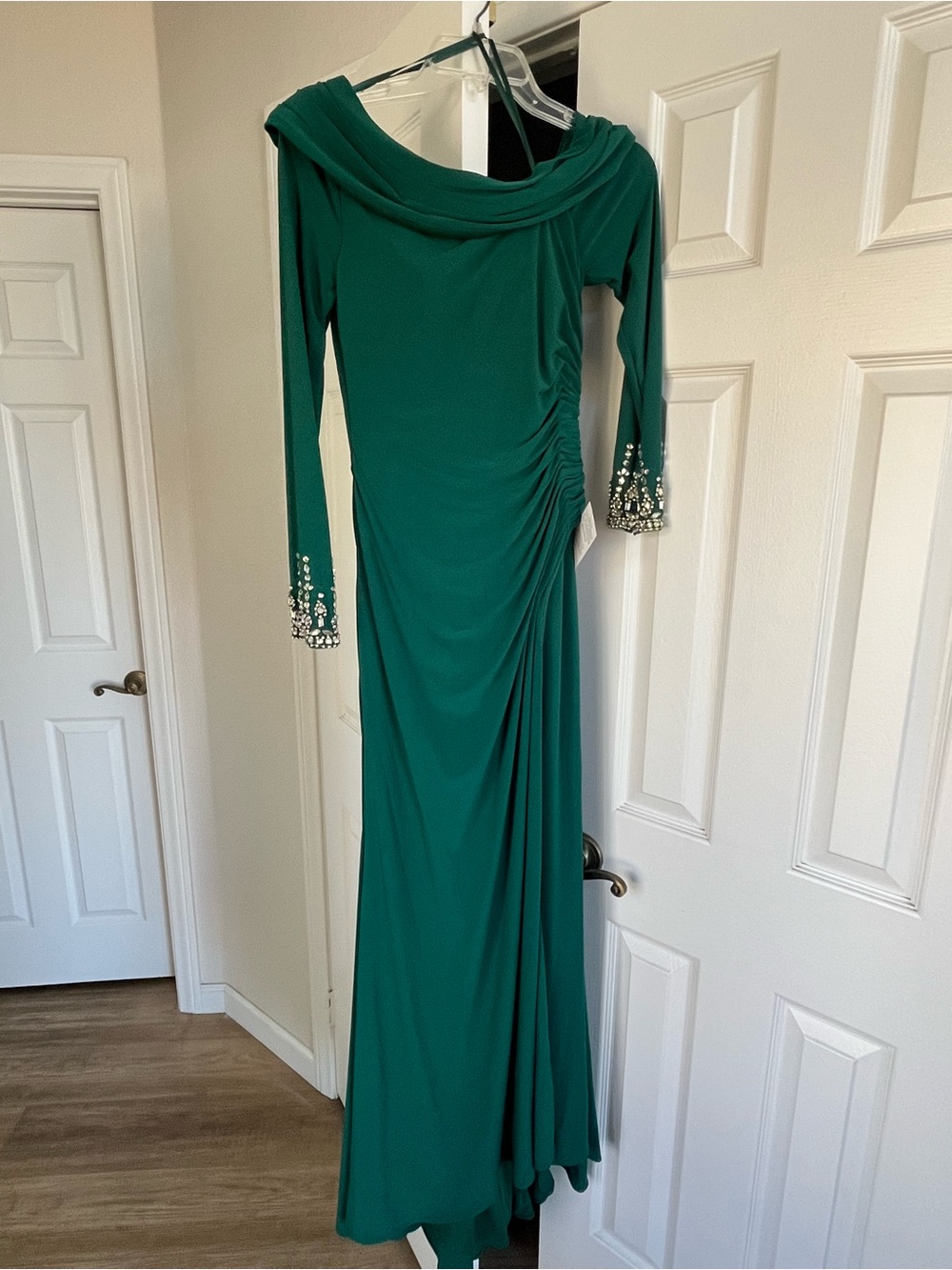 Mac Duggal Emerald Green Long Sleeve Evening Gown with Draped Neckline